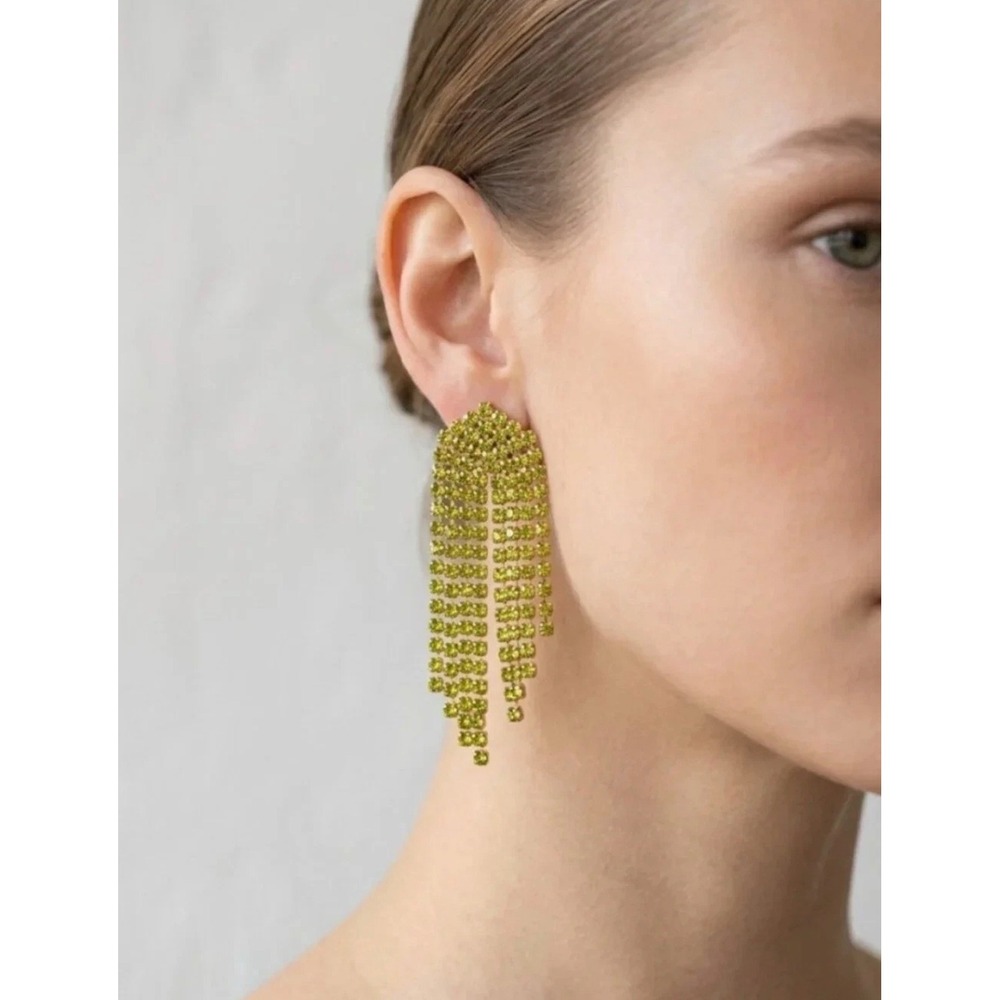 Tuckernuck Simone Crystal Olivine Green Fringe Drop Statement Earrings TNJ_0353